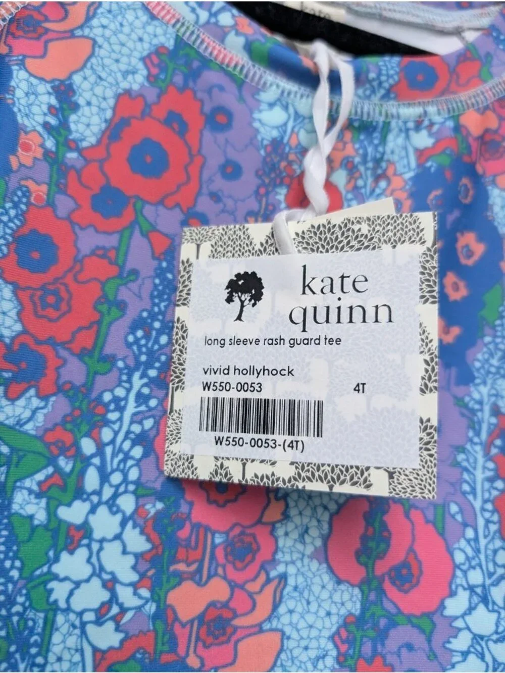 Kate Quinn Vivid Hollyhock Long Sleeve Rash Guard Tee 4T Swimsuit Shirt Floral